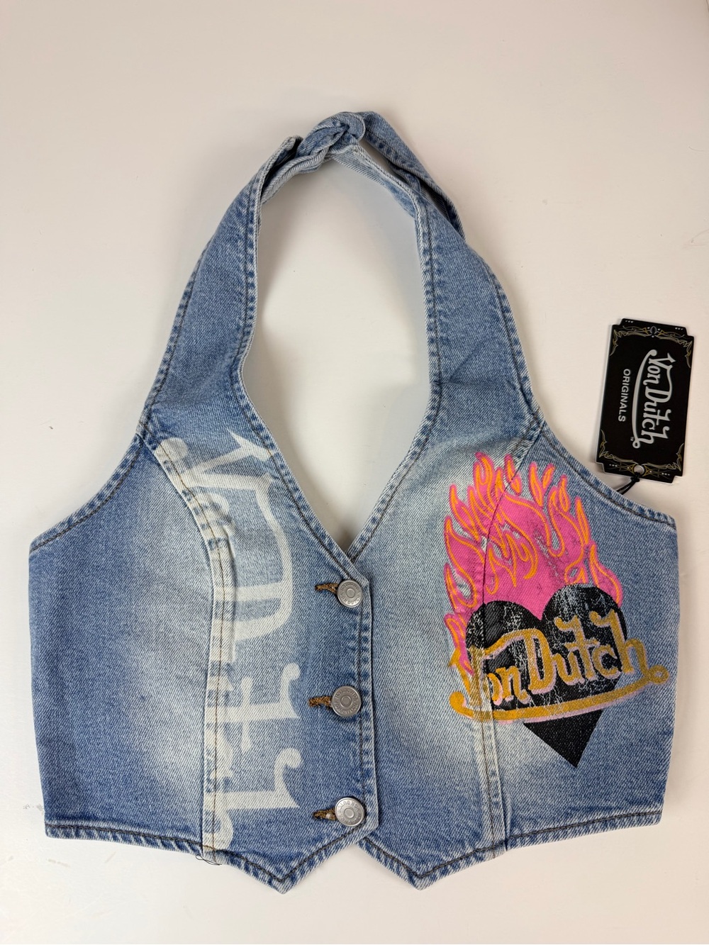 Von Dutch Tie Back Flame Denim Vest size SMALL NWT #vondutch #denim #y2k